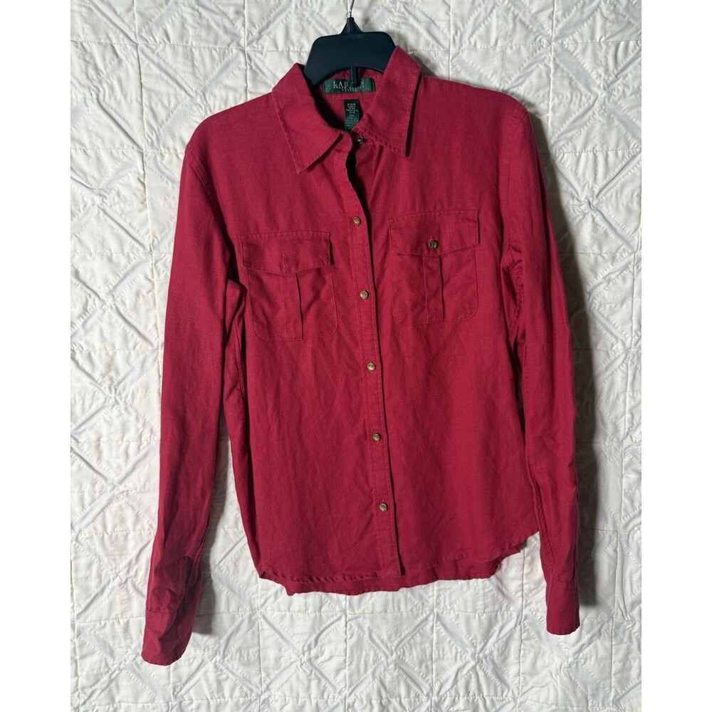 Lauren Ralph Lauren Women's Petites PS/P Red Solid Collared Button-Up Shirt